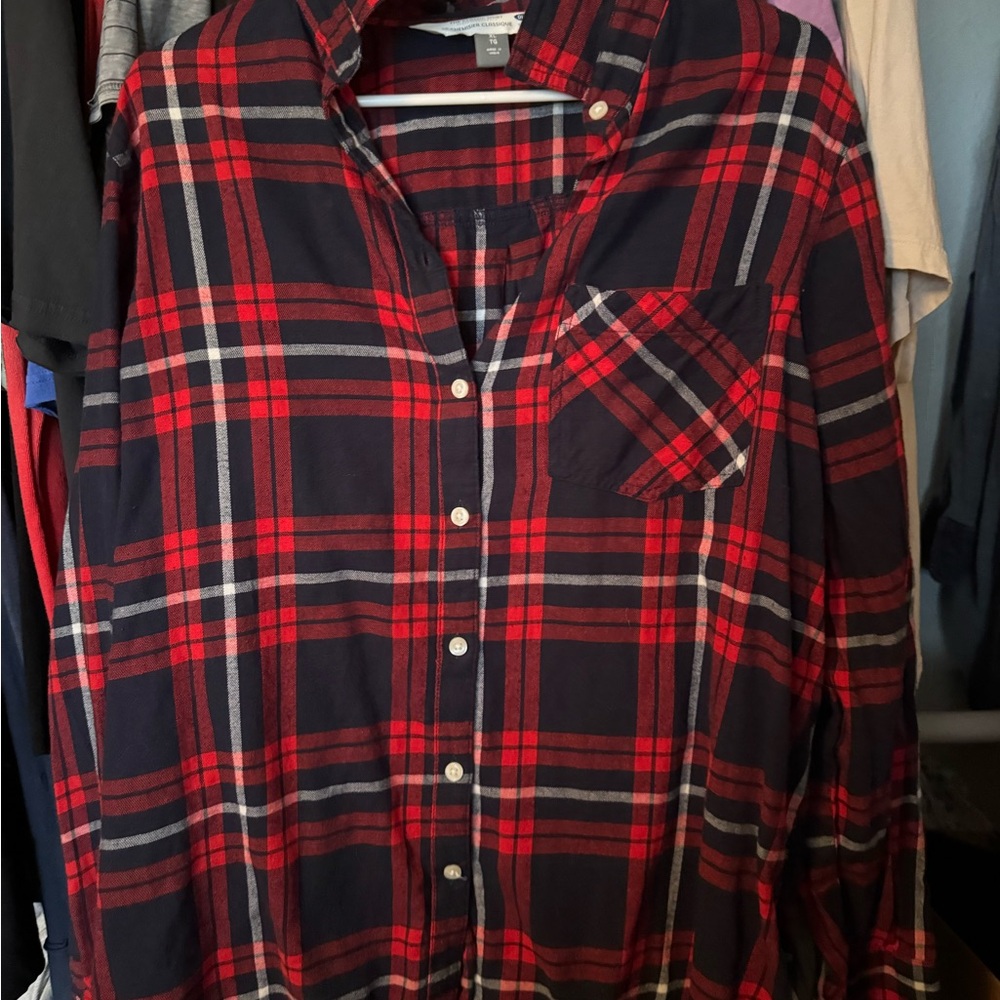 Red and Navy Plaid Button-Up Shirt
